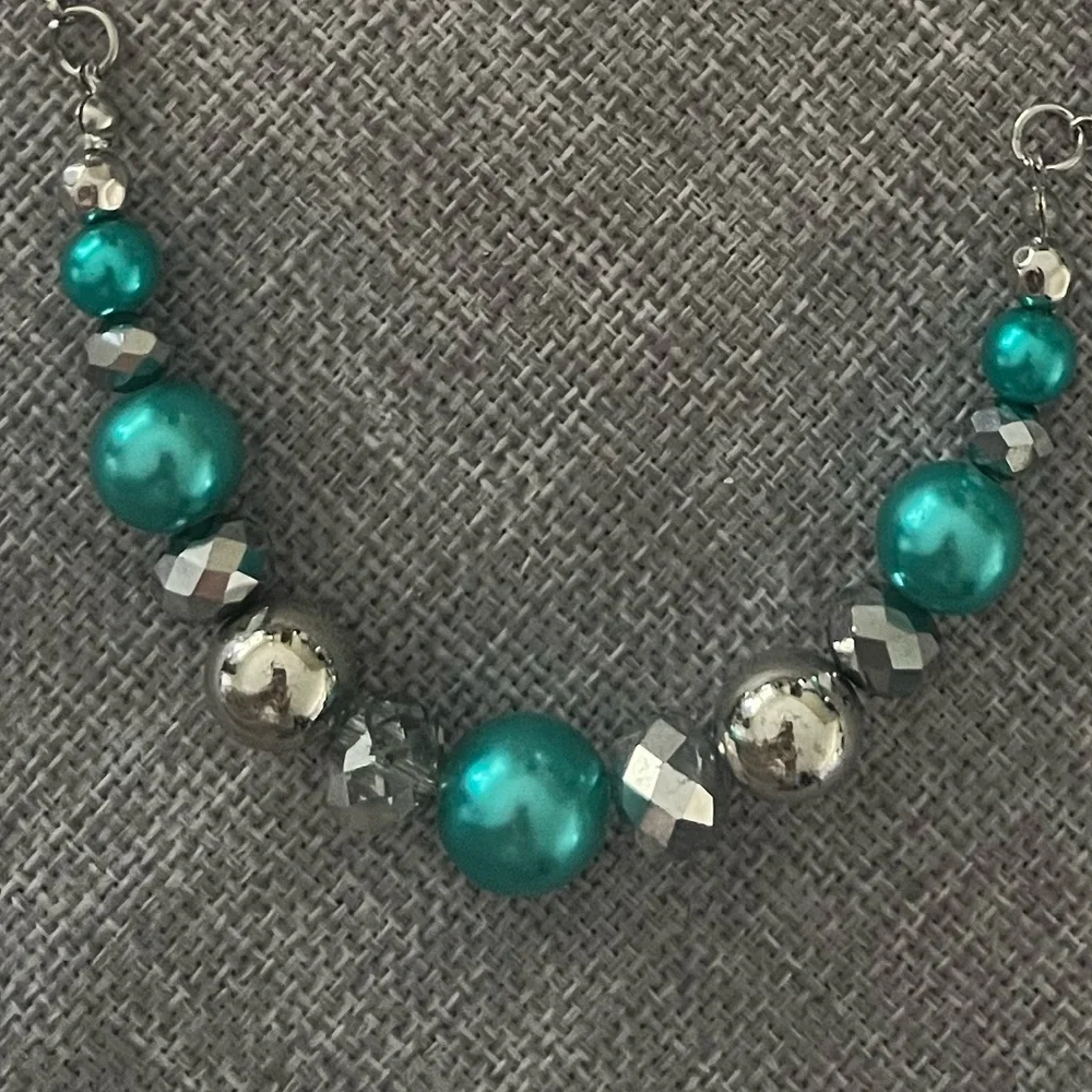 Teal Beaded Statement Necklace with Silver Tone Faceted Accents